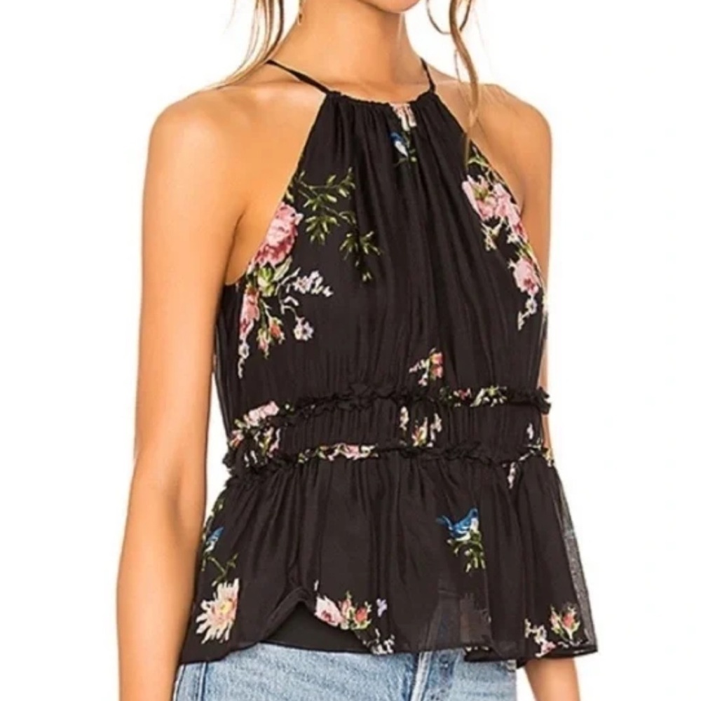 Joie Shawnette Silk Peplum Halter Top Size XS Caviar Black Floral Ruffle Trim